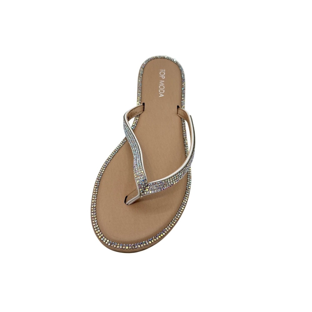Top Moda Haiti-1 White Rhinestone Embellished Thong Sandals Flat Flip Flops 7.5